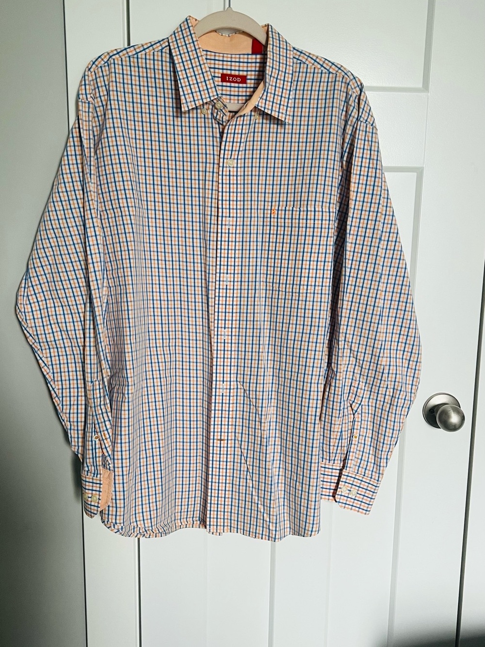 Izod Men's Blue and Orange Plaid Button-Up Dress Shirt